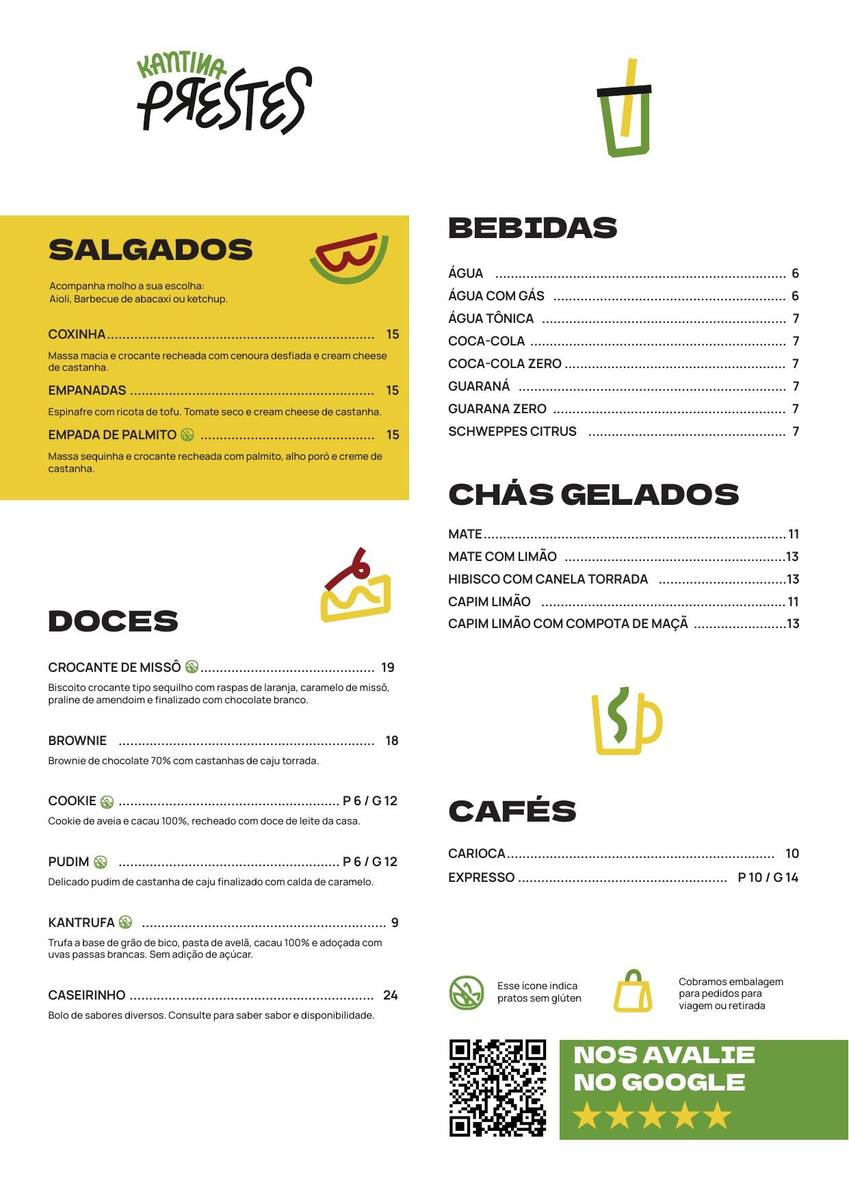 Cardápio Kantina Prestes — frente
