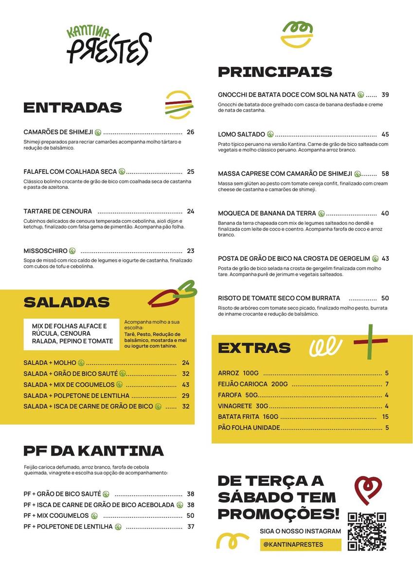 Cardápio Kantina Prestes — verso